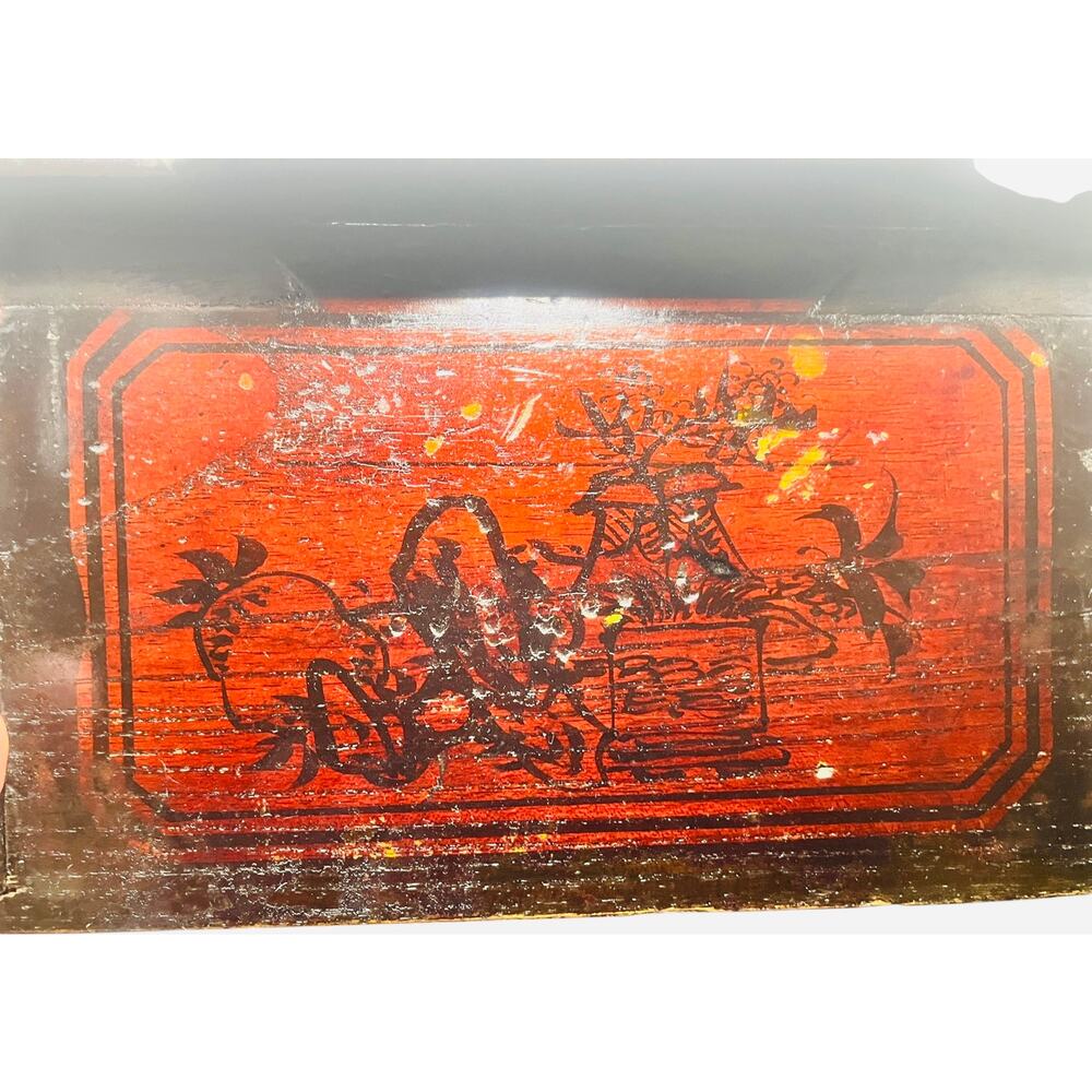 Antique Chinese Carved Red Lacquered Box with Lid & Side Drawer Signed on Bottom